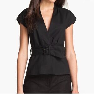 Kate Spade Kacie Belted Jacket Vest Top Black Pleated V-neck Women’s Size 4